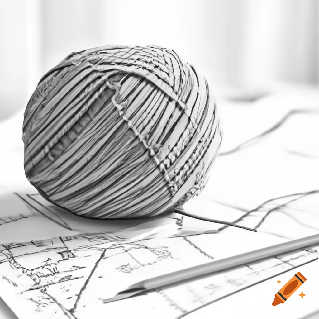Pencil sketch blueprint of a yarn ball
