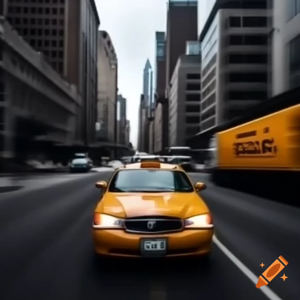 Cityscape featuring a moving taxi, illustrating urban transportation
