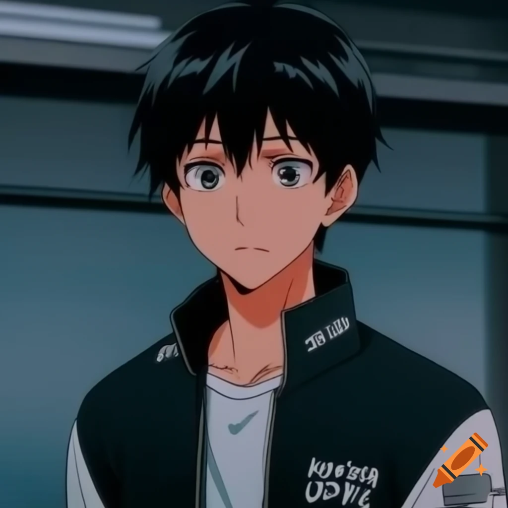 Anime male character in aviator jacket