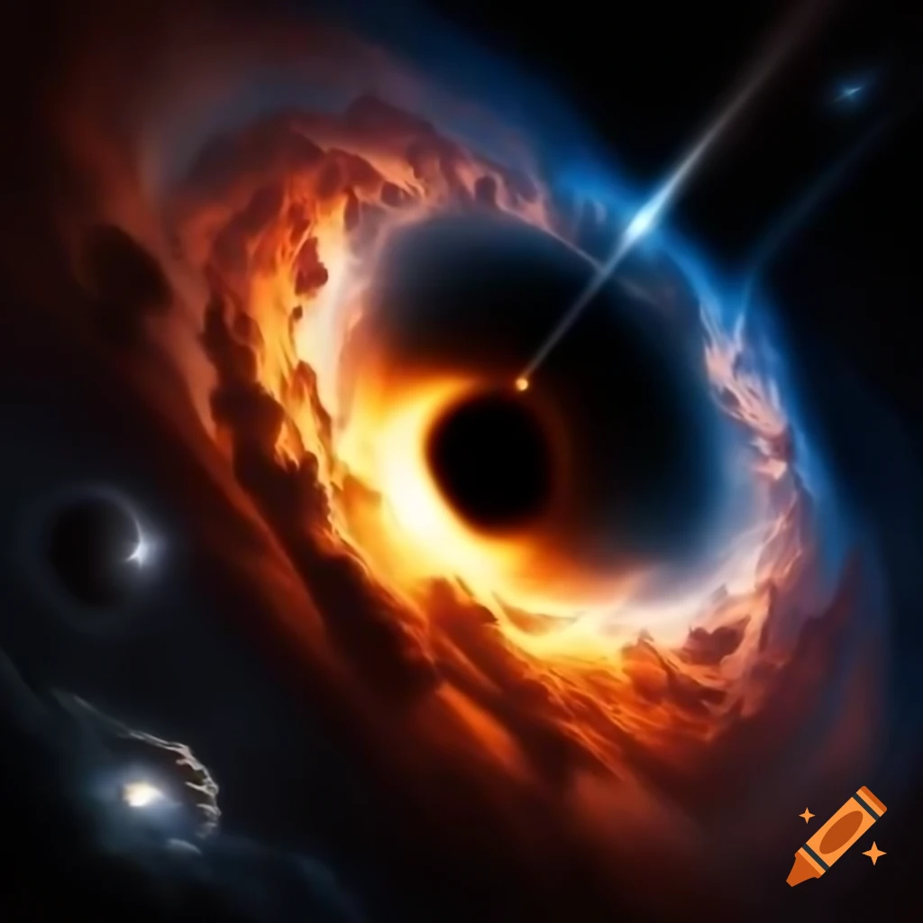 Detailed depiction of black hole with colorful accretion disk in cosmic landscape