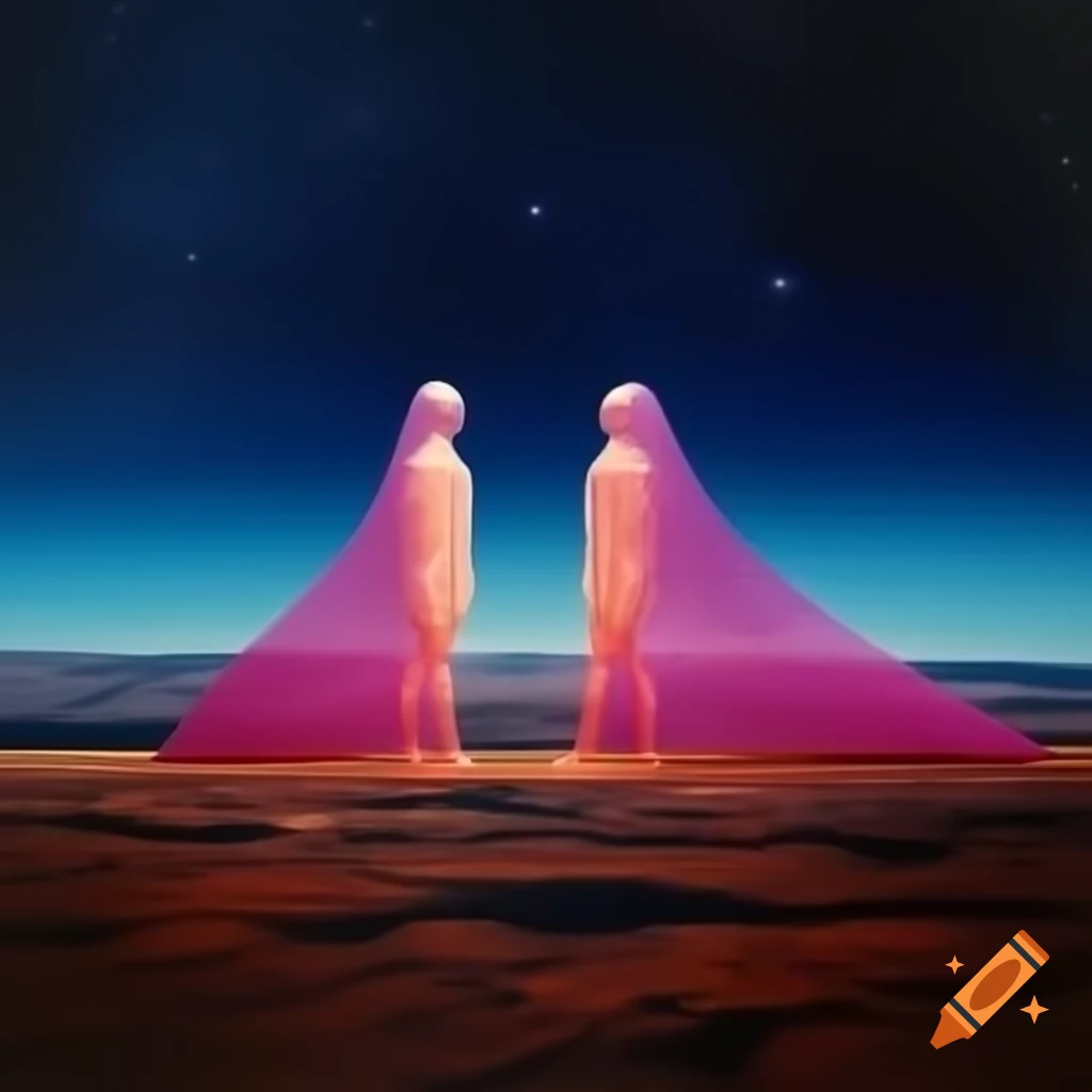Two figures in surreal landscape behind translucent sheets with pink and orange hues