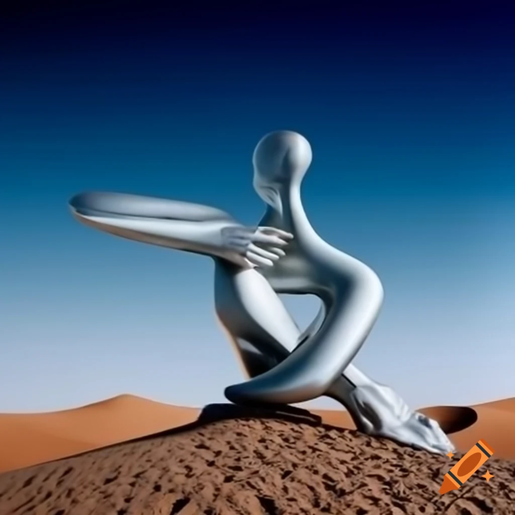 Surreal 2000's photograph of a woman statue in silver on a stone desert