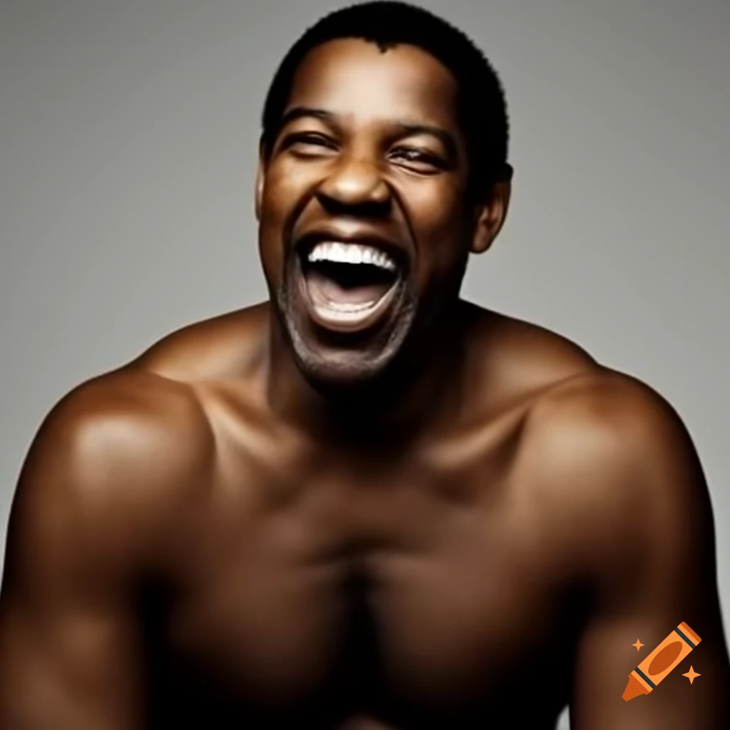 Exaggeratedly muscular figure of Denzel Washington laughing