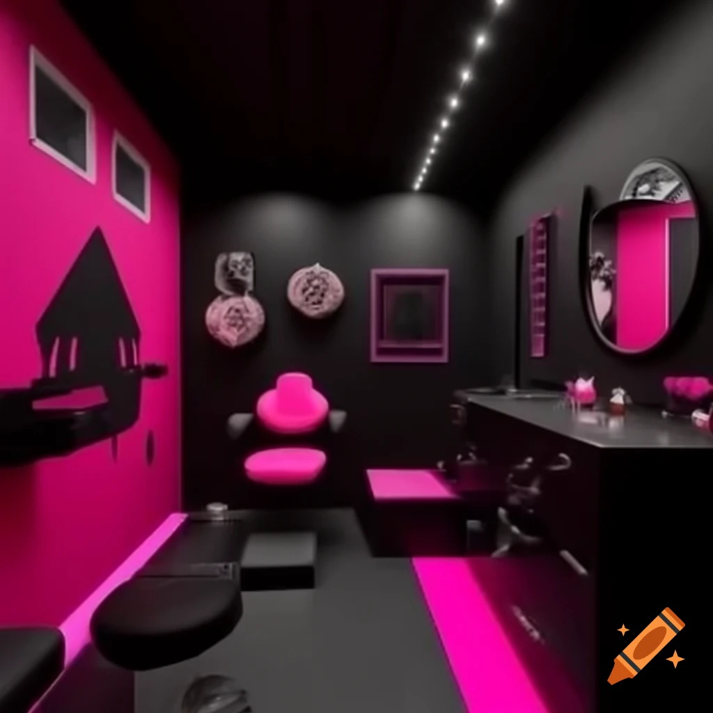 Modern piercing studio interior featuring black and hot pink accents