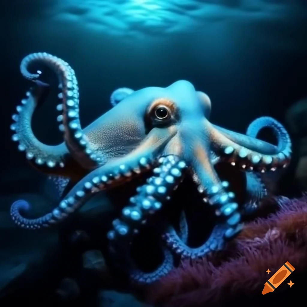 Vibrant Dumbo octopus with bioluminescent glow in deep sea