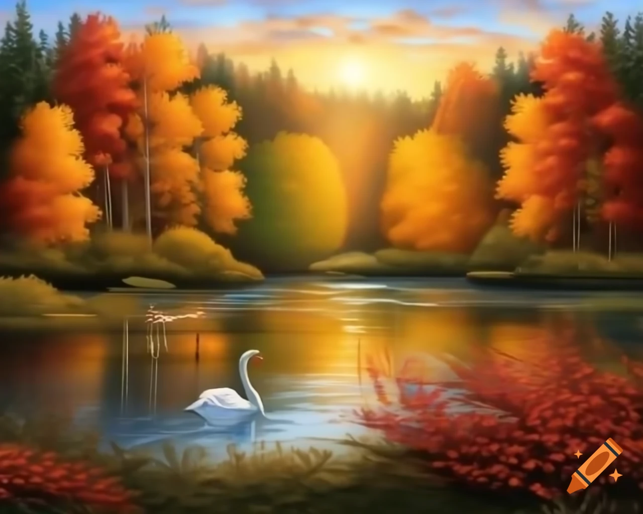 Asymmetrical lake with colorful trees and swans in autumn sunlight, detailed painting