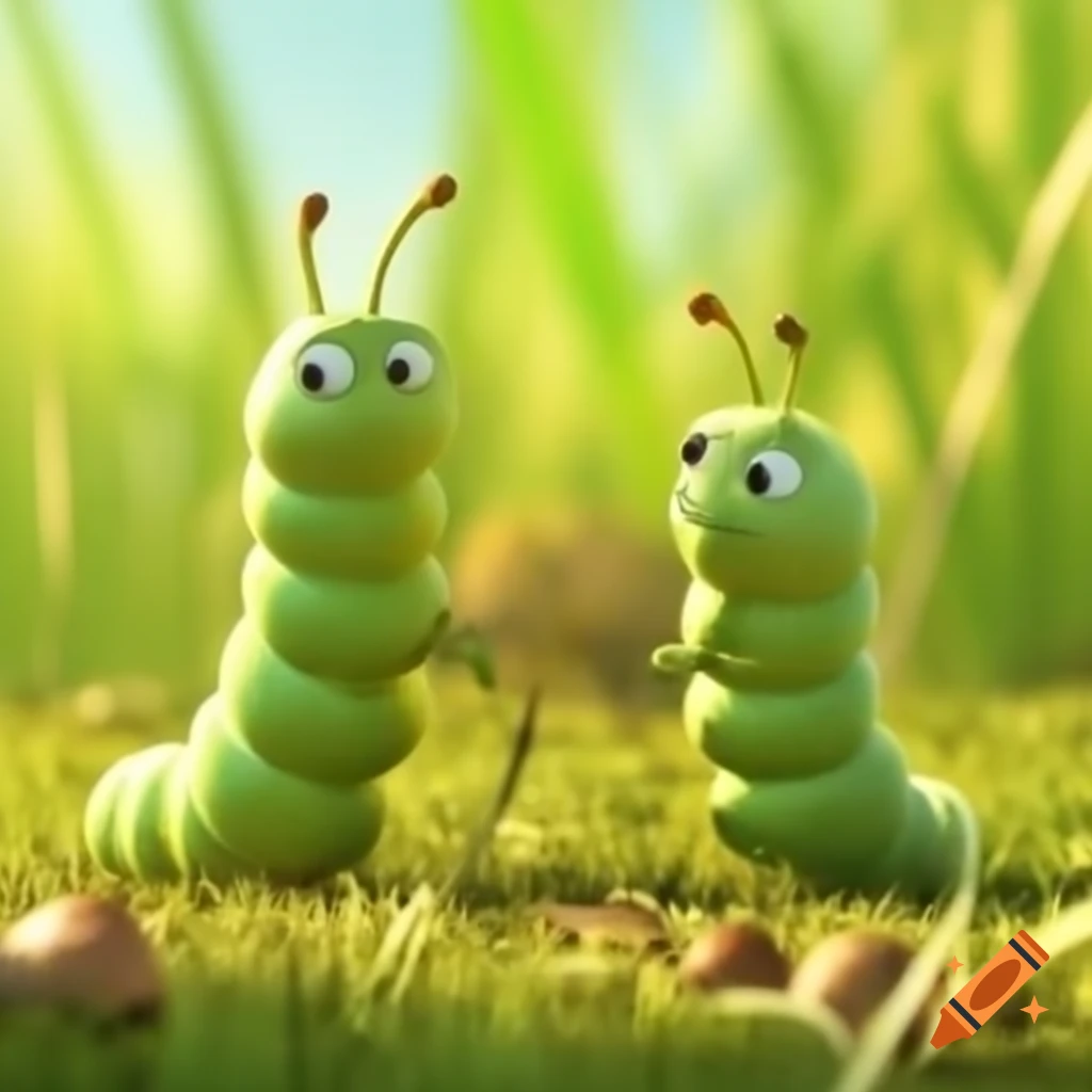 Tiny green caterpillars moving in a grassy field, animated style