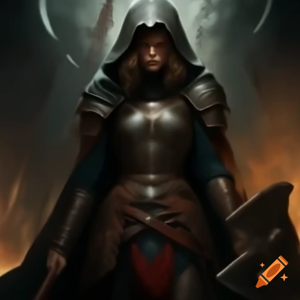 Mysterious warrior with battle-axe and lowered visor, expressing strength and intrigue