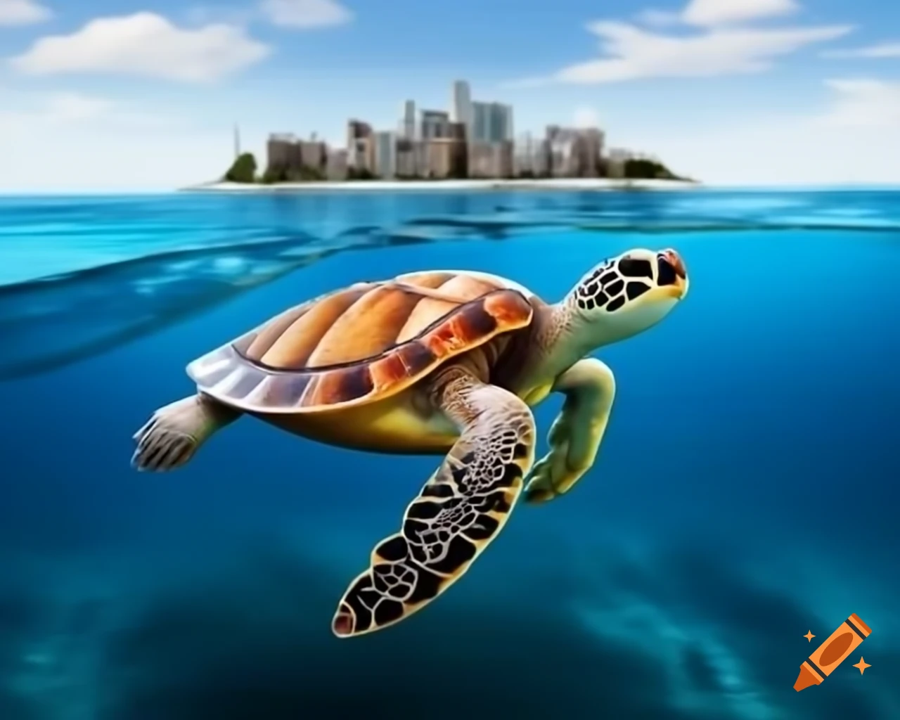 City on giant turtle swimming in the ocean