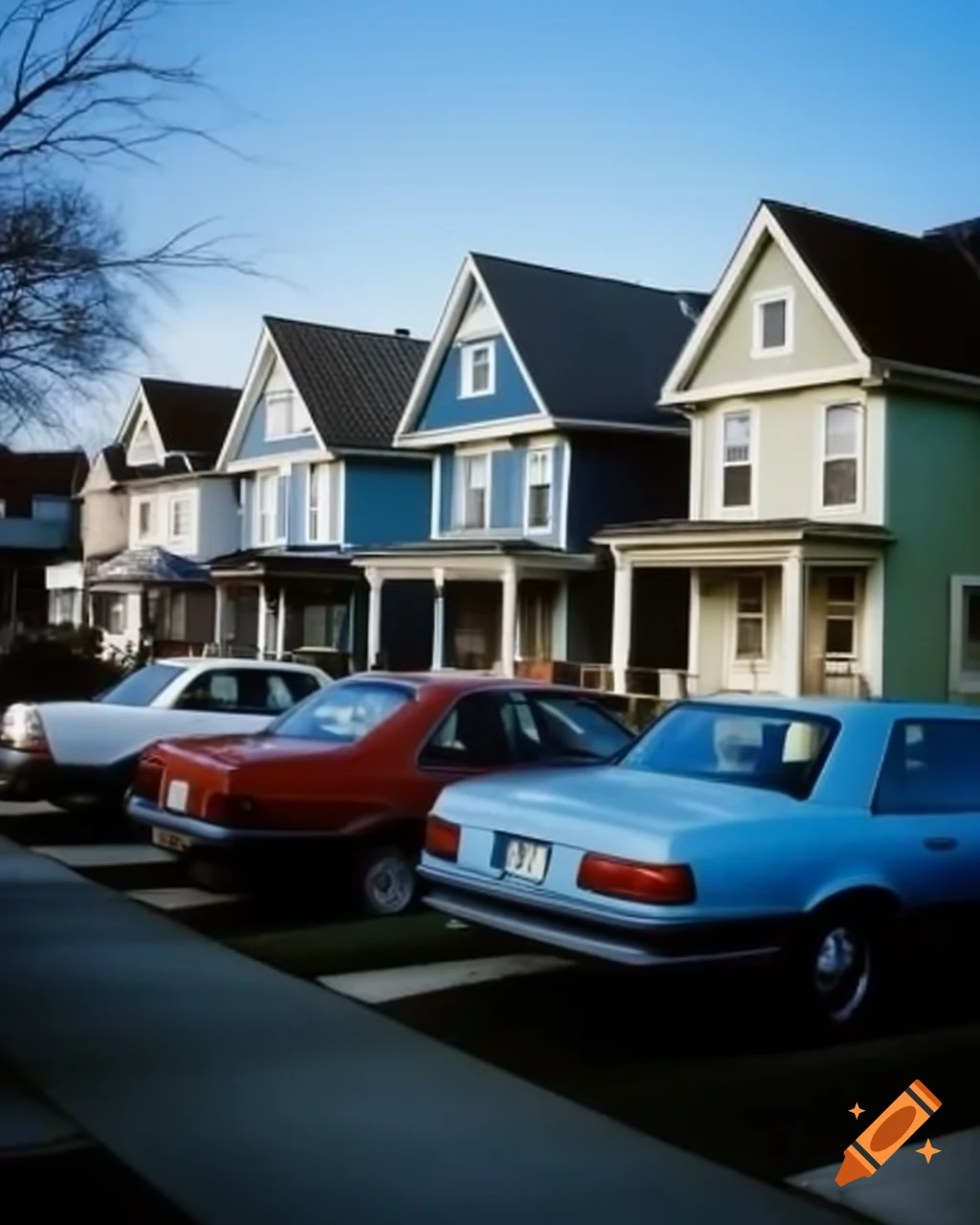 1990s neighborhood with light blue houses and vintage cars