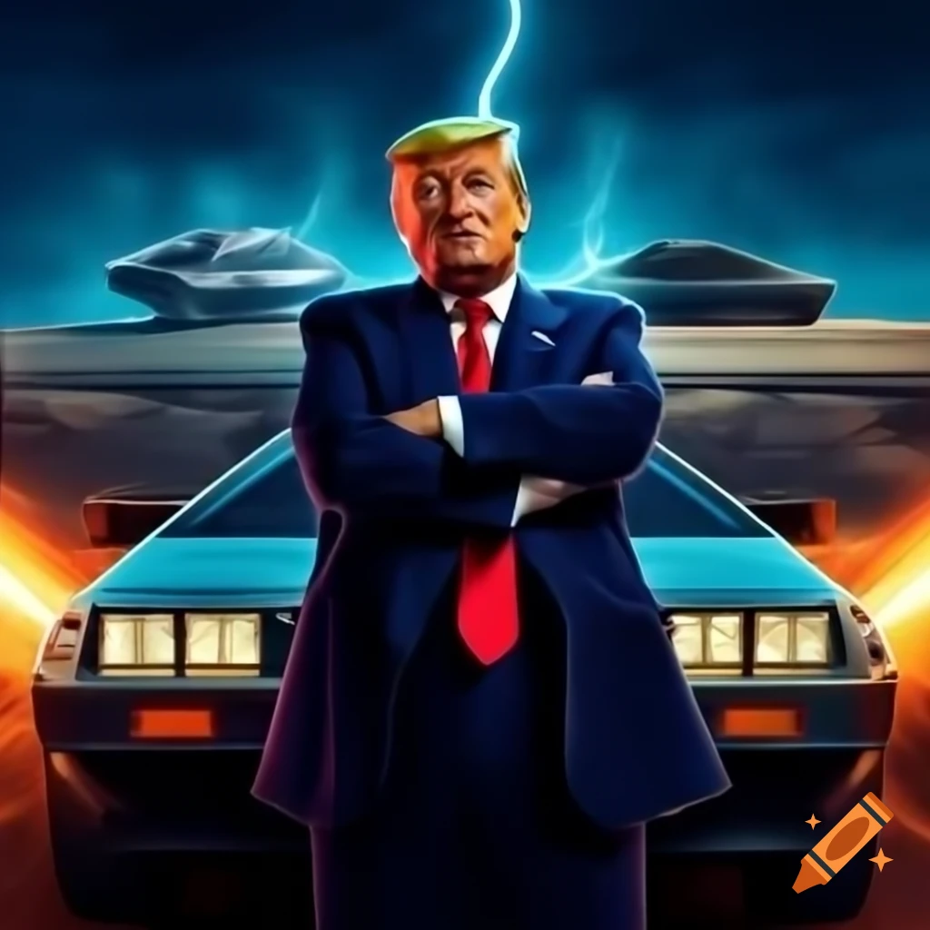 Donald Trump next to futuristic DeLorean car with lightning bolts, inspired by Back to the Future