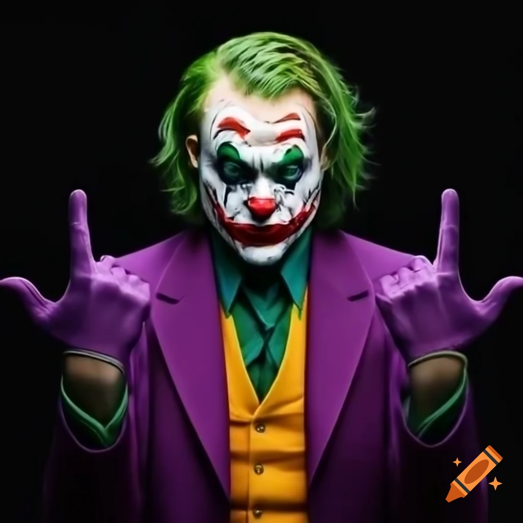 Joker character pointing upwards against black background, stylized design