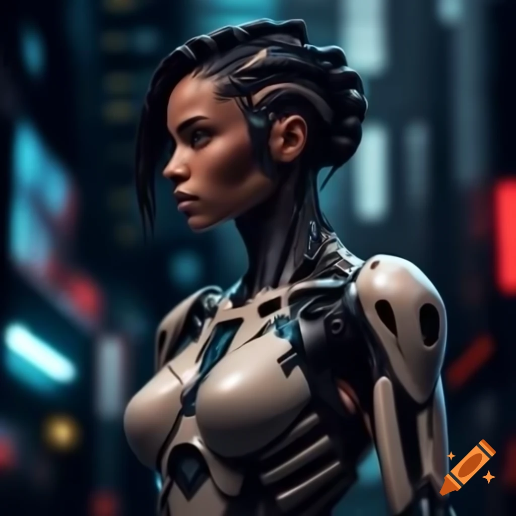 Female cyborg goddess in dark cyberpunk cityscape