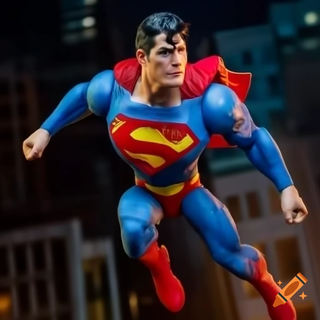 Hyper-realistic toy Superman in dynamic action pose with dramatic lighting