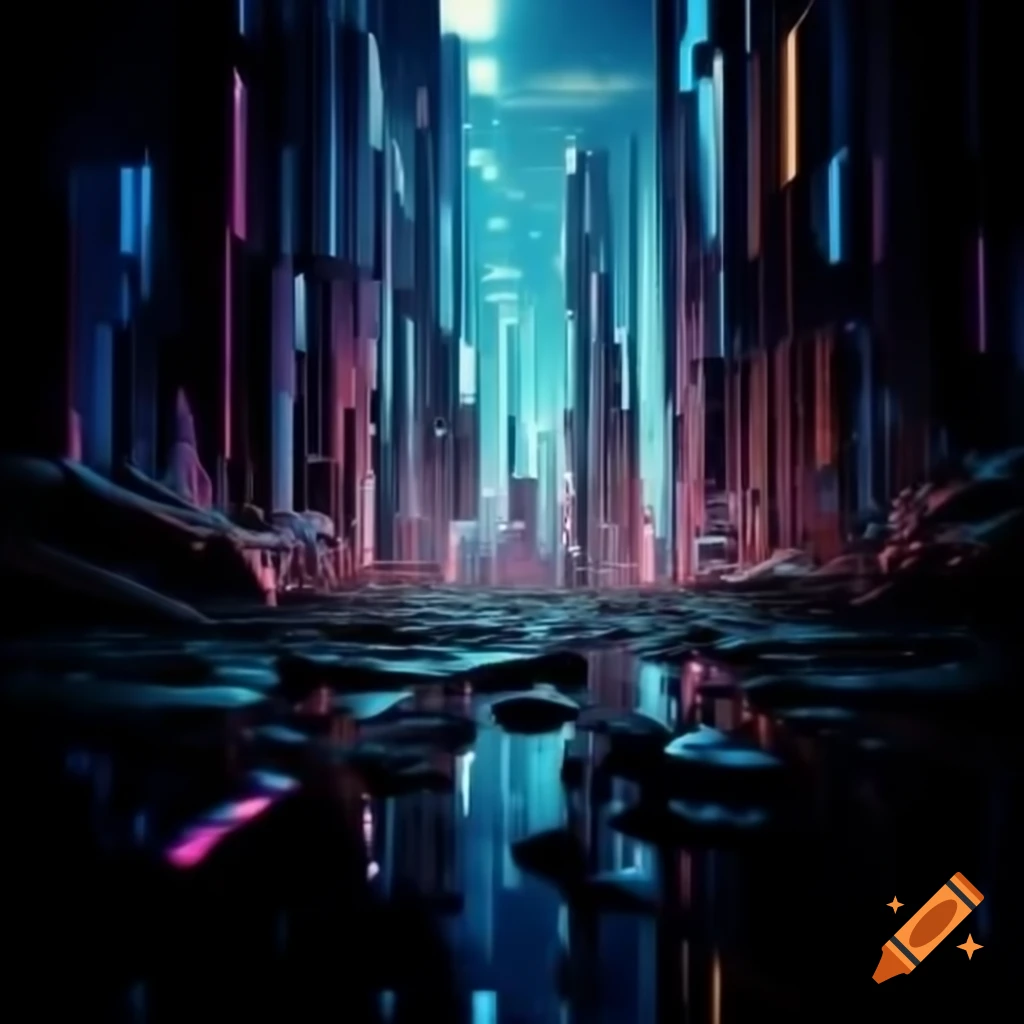 Holographic cityscape with ethereal glow above reflective surface
