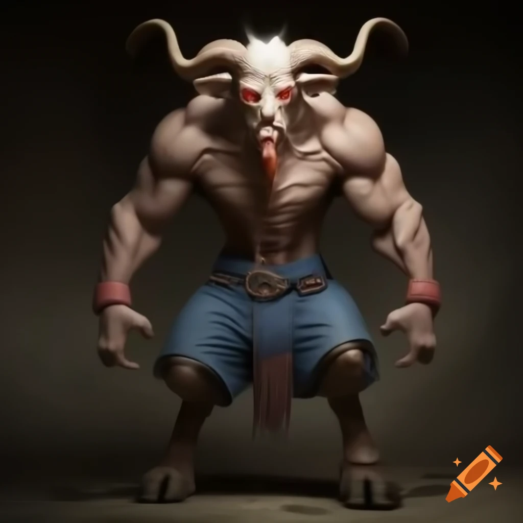Strong goat-headed demon with large horns and muscular legs wearing tennis shoes