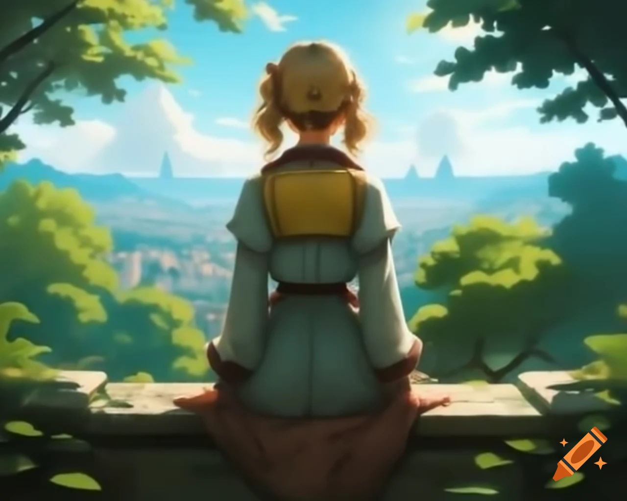 Young woman with blonde hair seated on stone ledge in park, contemplative expression