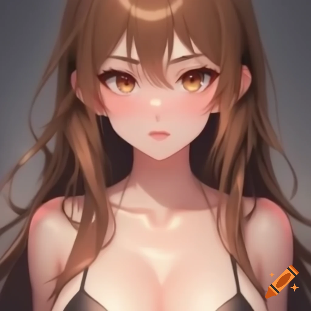 Anime girl with long light brown hair and toned muscles, cute face