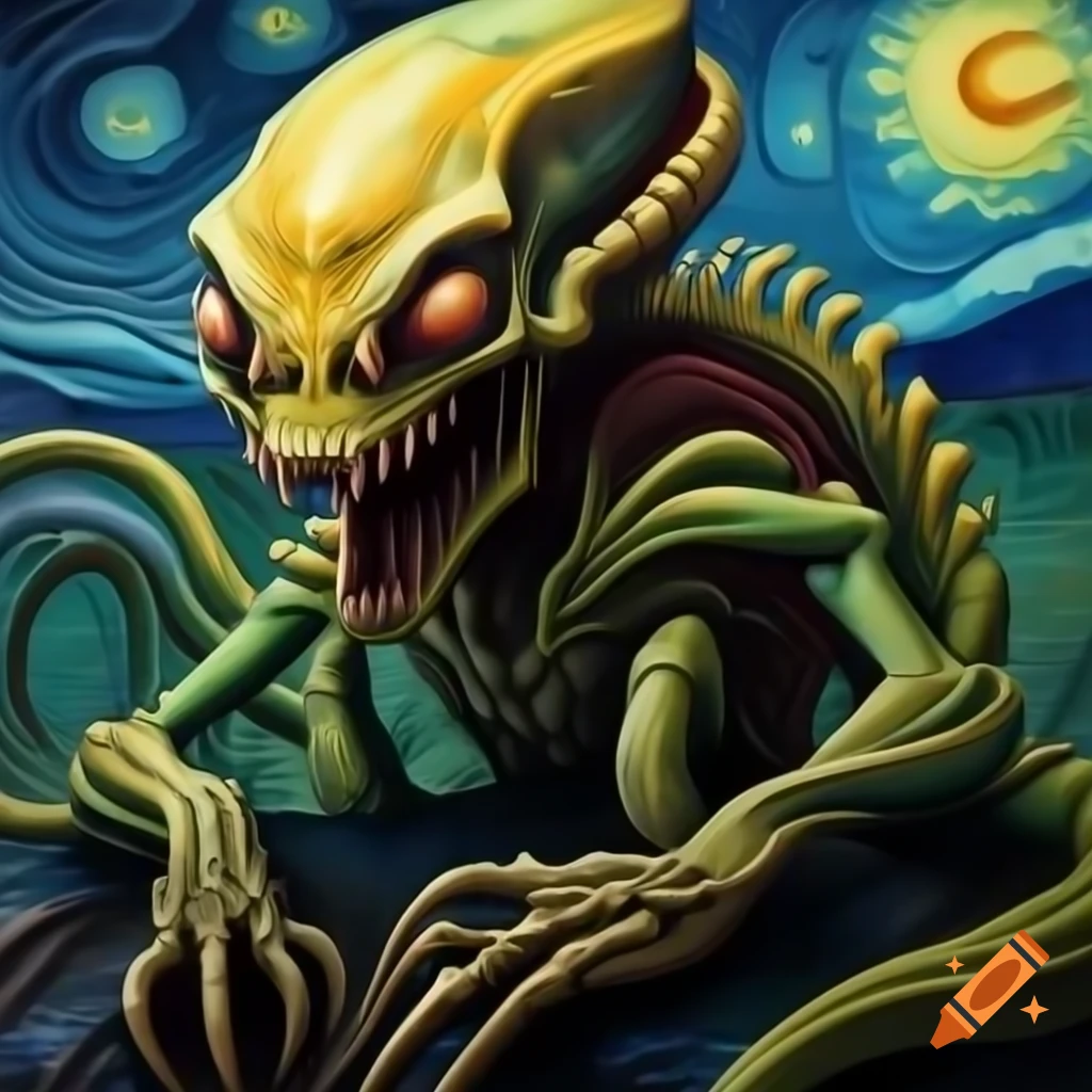 Ancient divine xenomorph in animation, watercolor and Rembrandt style, hyper-realistic
