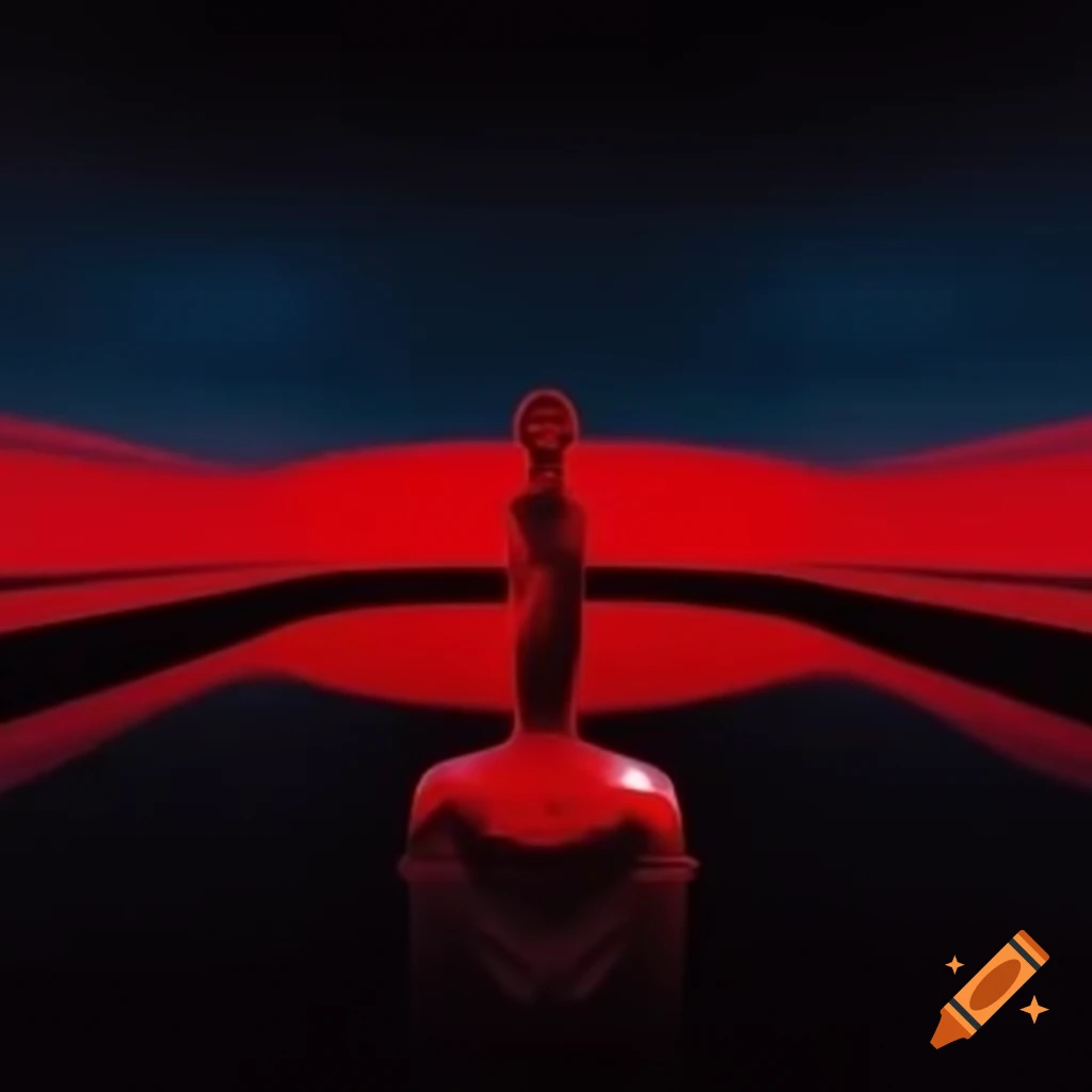Pop surreal photography featuring red glass statue at midnight