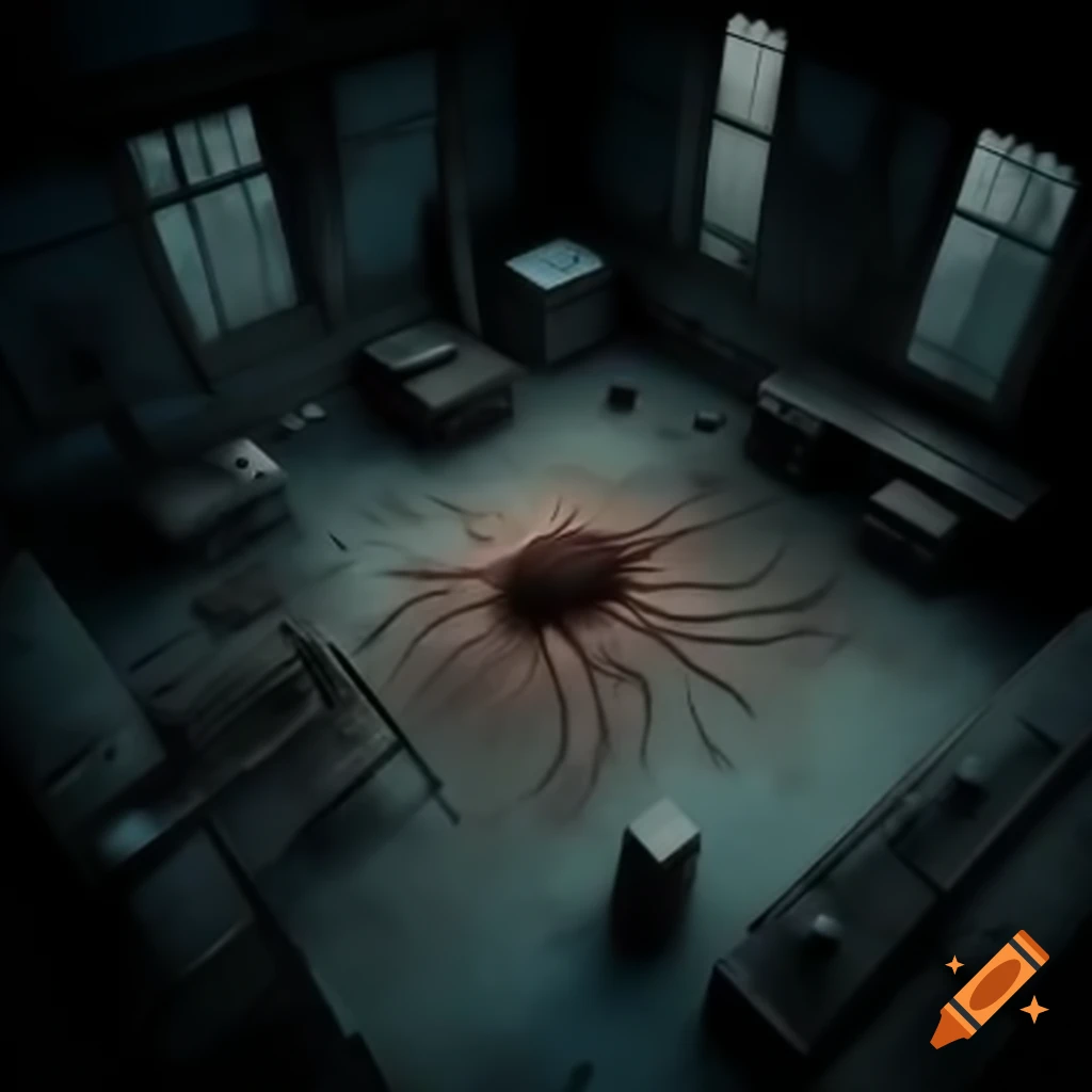 Eerie scene of tripedal slimy Nutella-like organism in darkness with searchlights