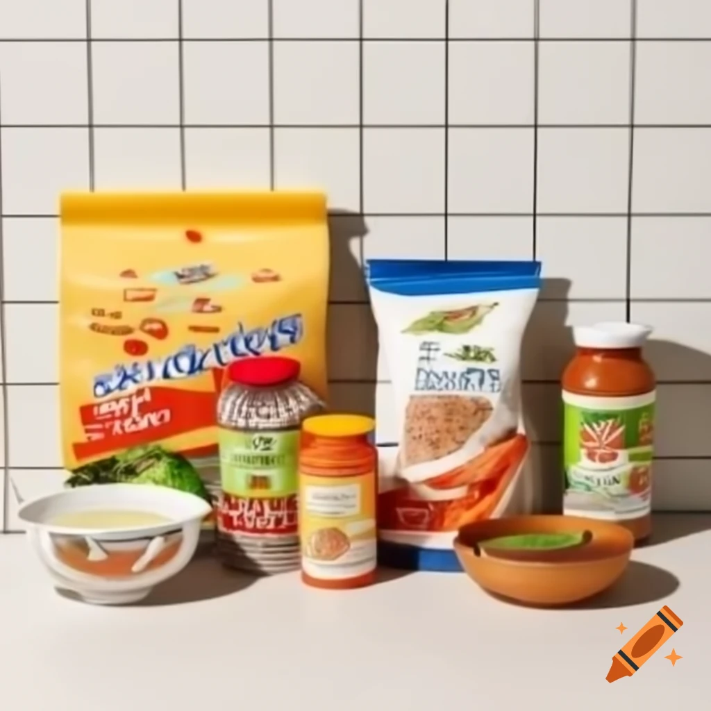 Countertop with instant ramen noodles, seasoning packet, water bowl, and add-ins