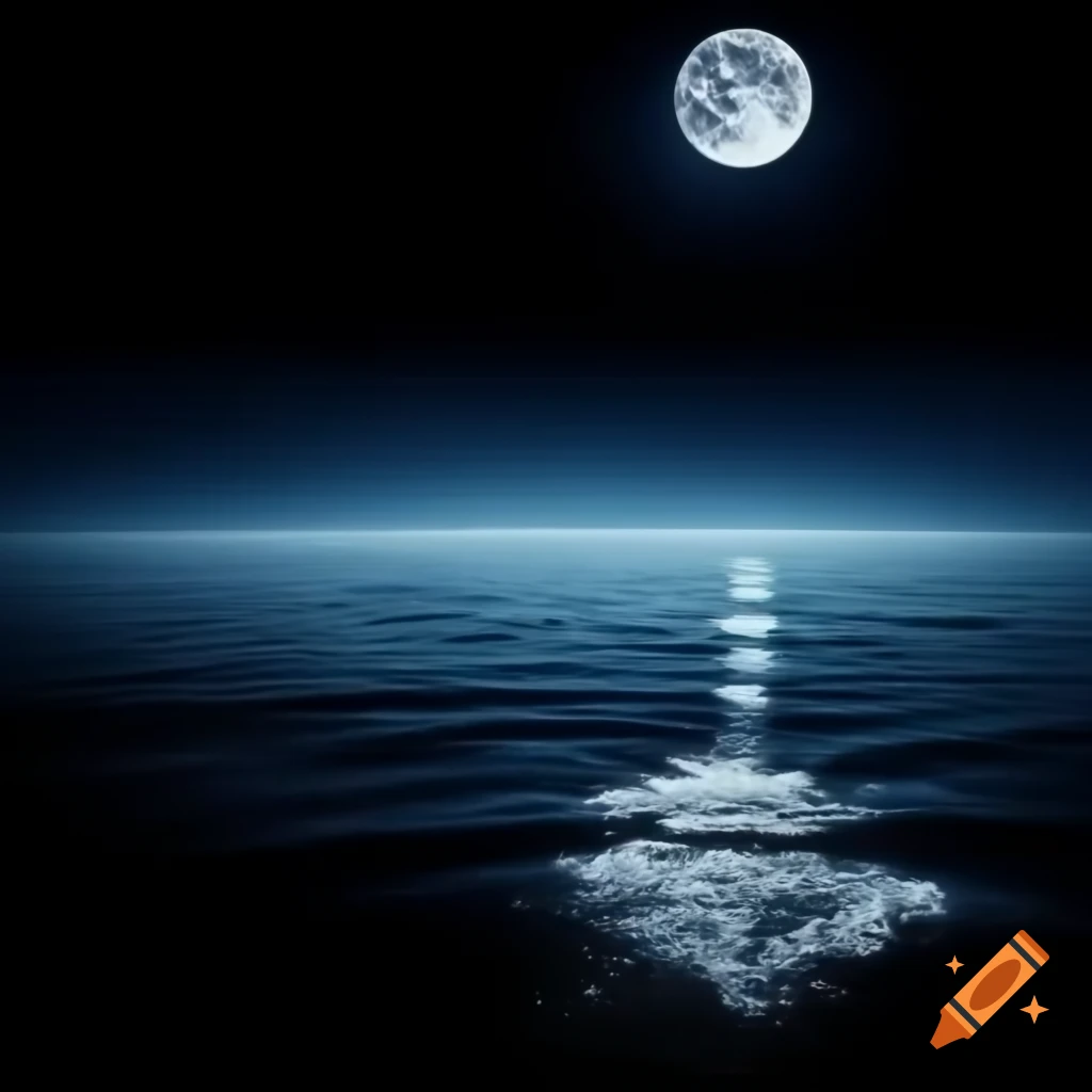 Moonlight illuminating ocean in horizontal view, high resolution