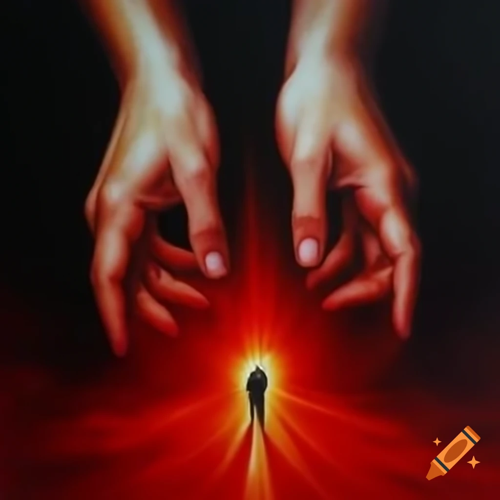 Disembodied hands surrounded by red light on bright background, colored pencil drawing
