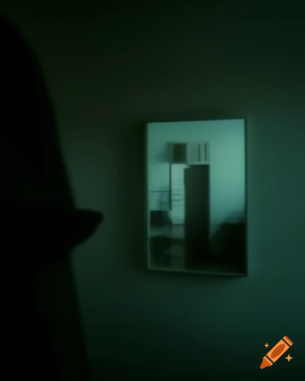 Eerie dark room with mirror, slightly blurred, anaglyph 3D effect
