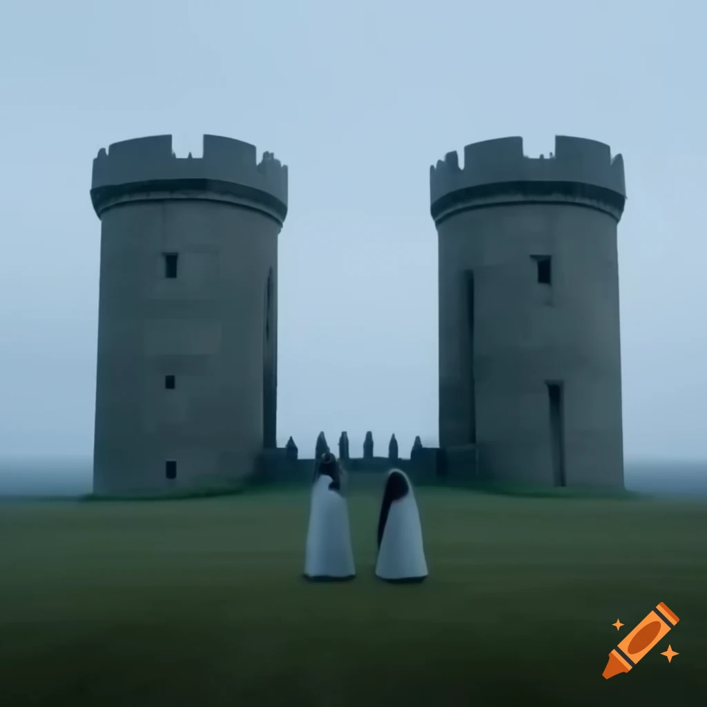 Two medieval stone towers in a grassy field