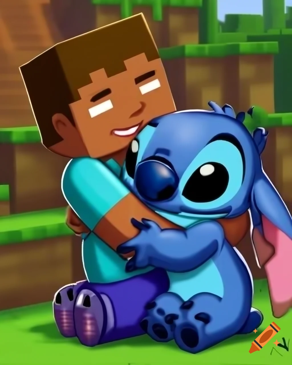 Minecraft characters Steve and Alex hugging Stitch in Minecraft scene