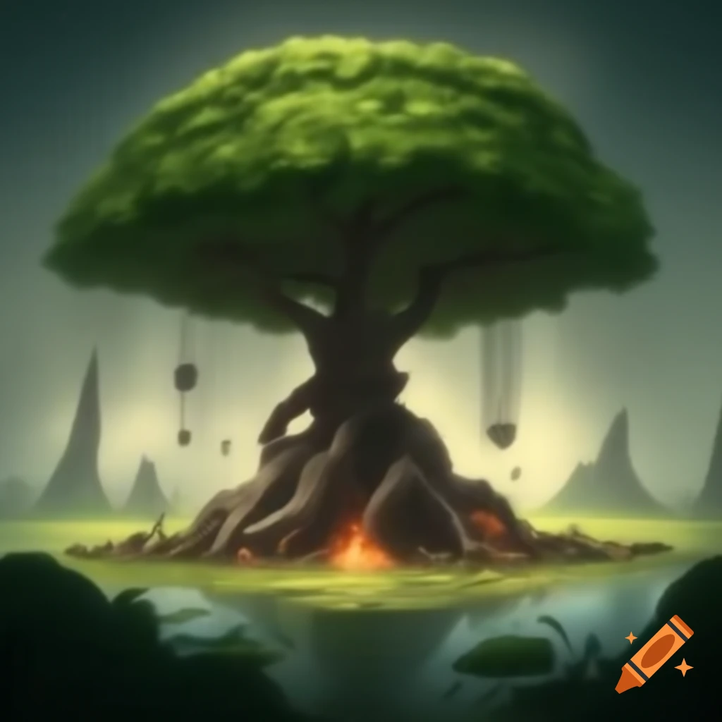 Ancient tree with leaves featuring four elements: fire, water, air, and earth magic