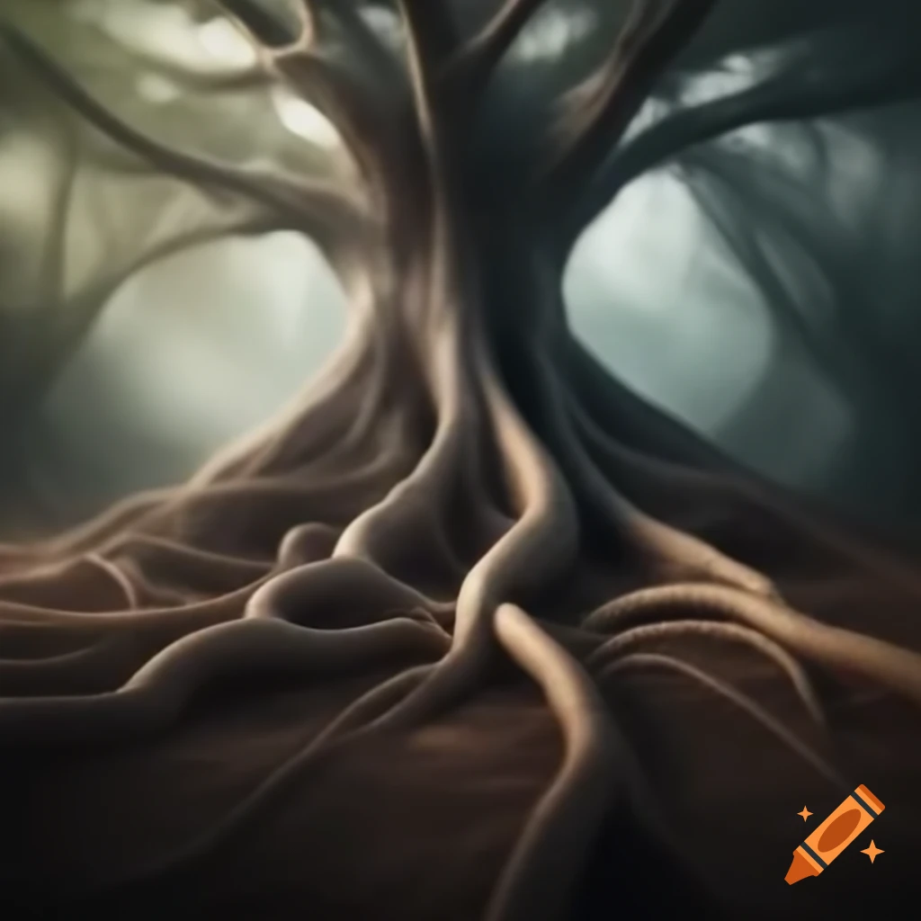 Massive tree with twisting roots intertwined with snakes, symbolizing nature's power