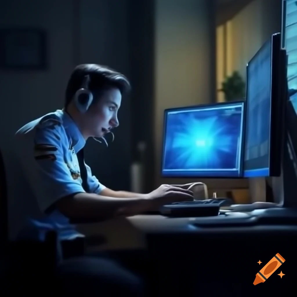 Police officer engaged in e-learning with headset, displaying the word ZELF on screen