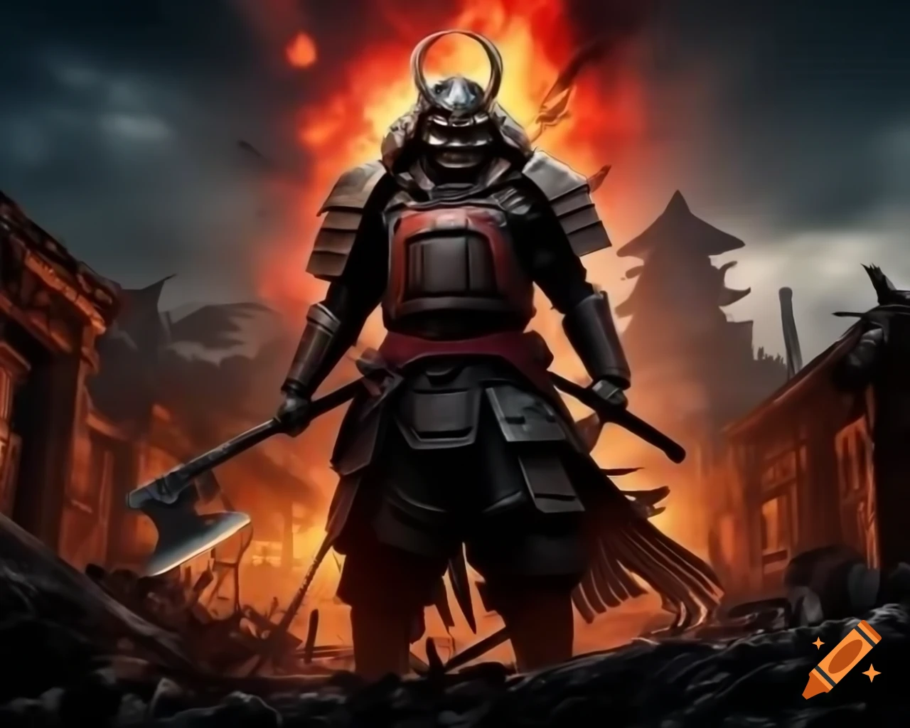 Cybernetic samurai with plasma axe in apocalyptic setting