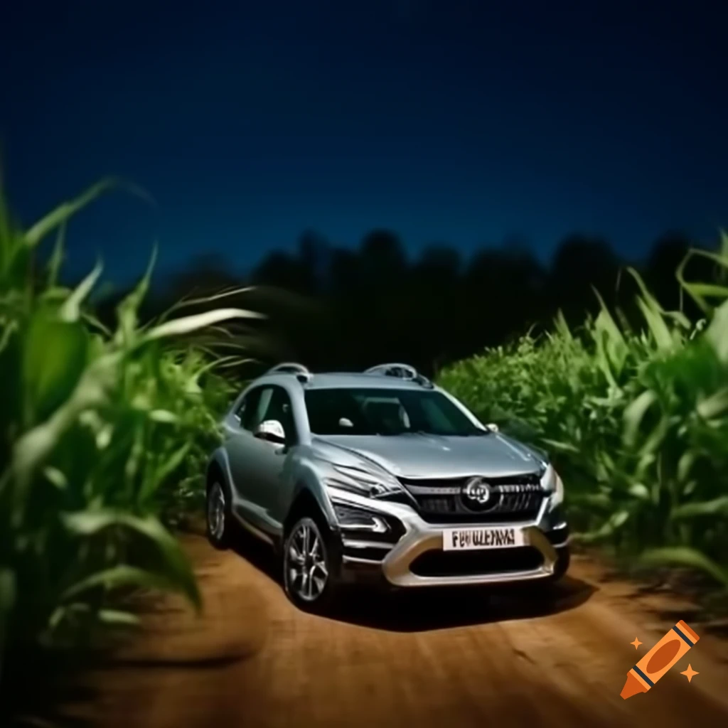 Dacia Sandero parked near crops at night in realistic style
