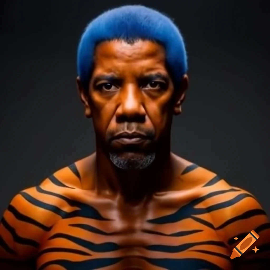 Muscular figure with tiger-style makeup and blue hair