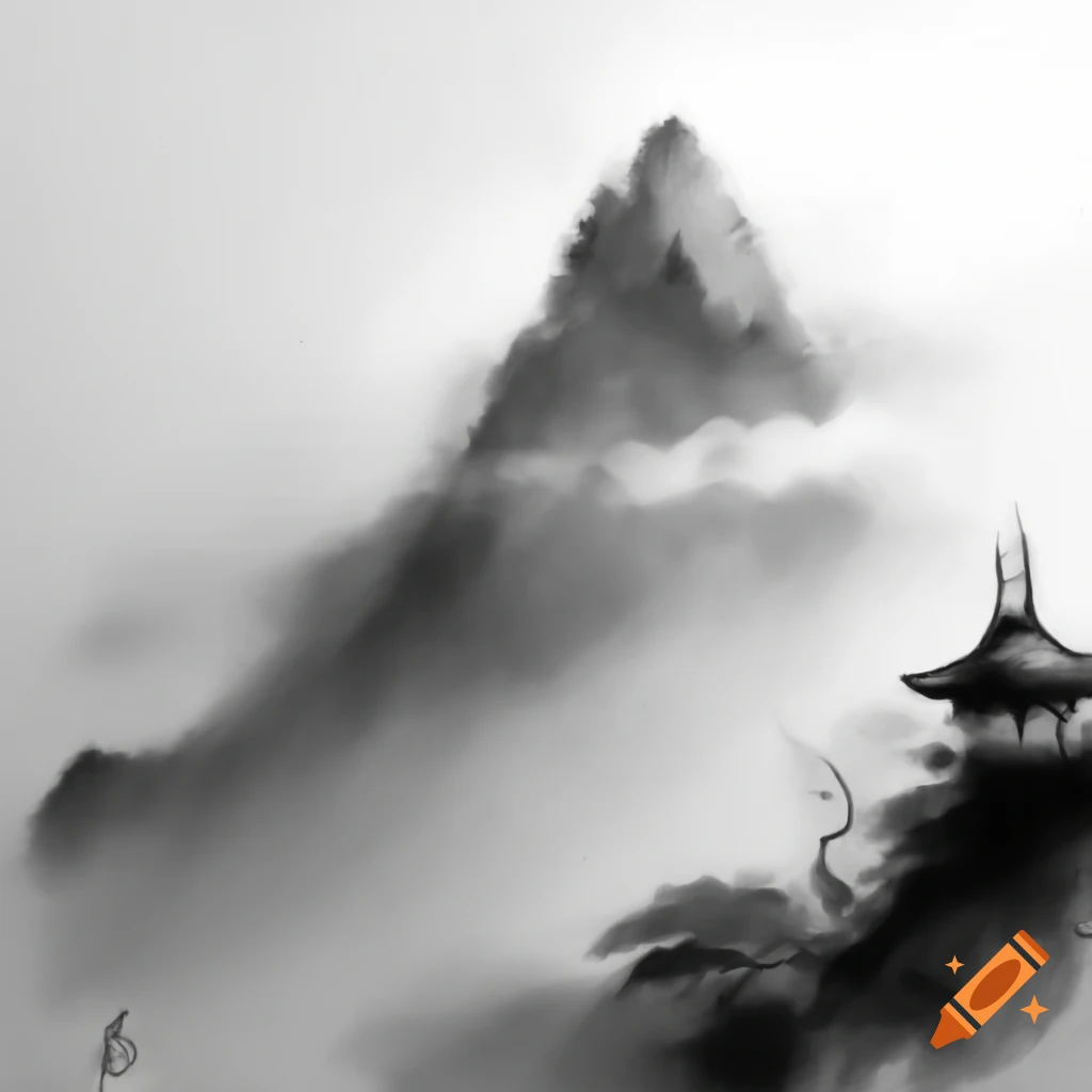 Monochrome ink painting of misty Songshan mountain featuring a small temple
