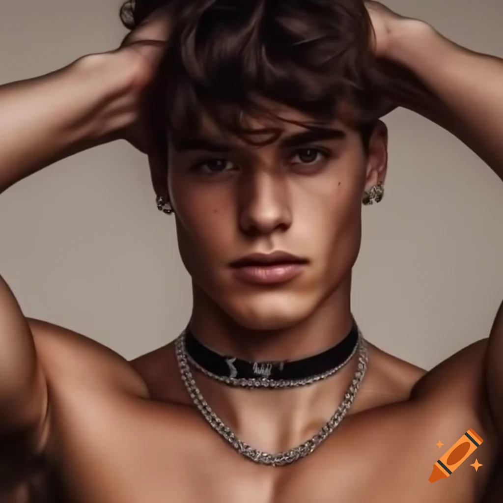 Stylish college jock with choker chain, stud earrings, and shaggy brown hair