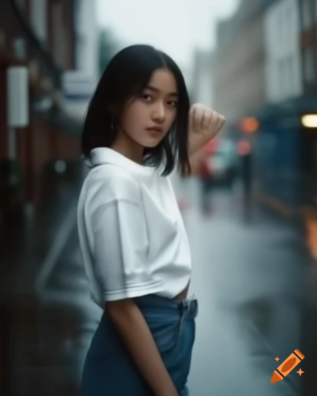 Asian young woman in wet polo shirt standing in rain on London street