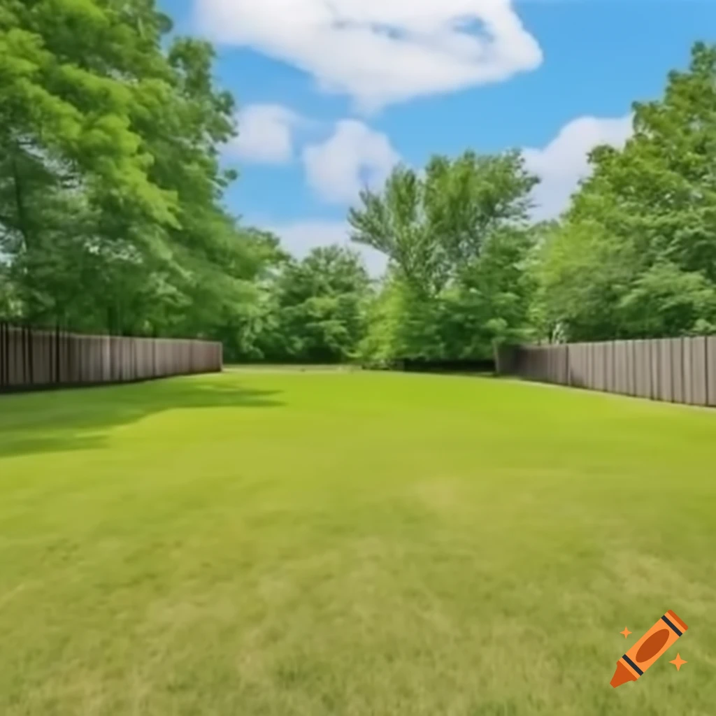 Large yard with fence, trees, and wooden bench in grassy area