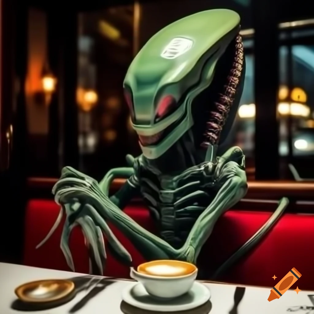 Xenomorph having coffee at Paris restaurant, Wes Anderson style