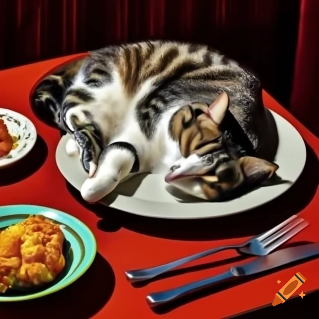 Curled up cat sleeping on dinner plate with fork and knife