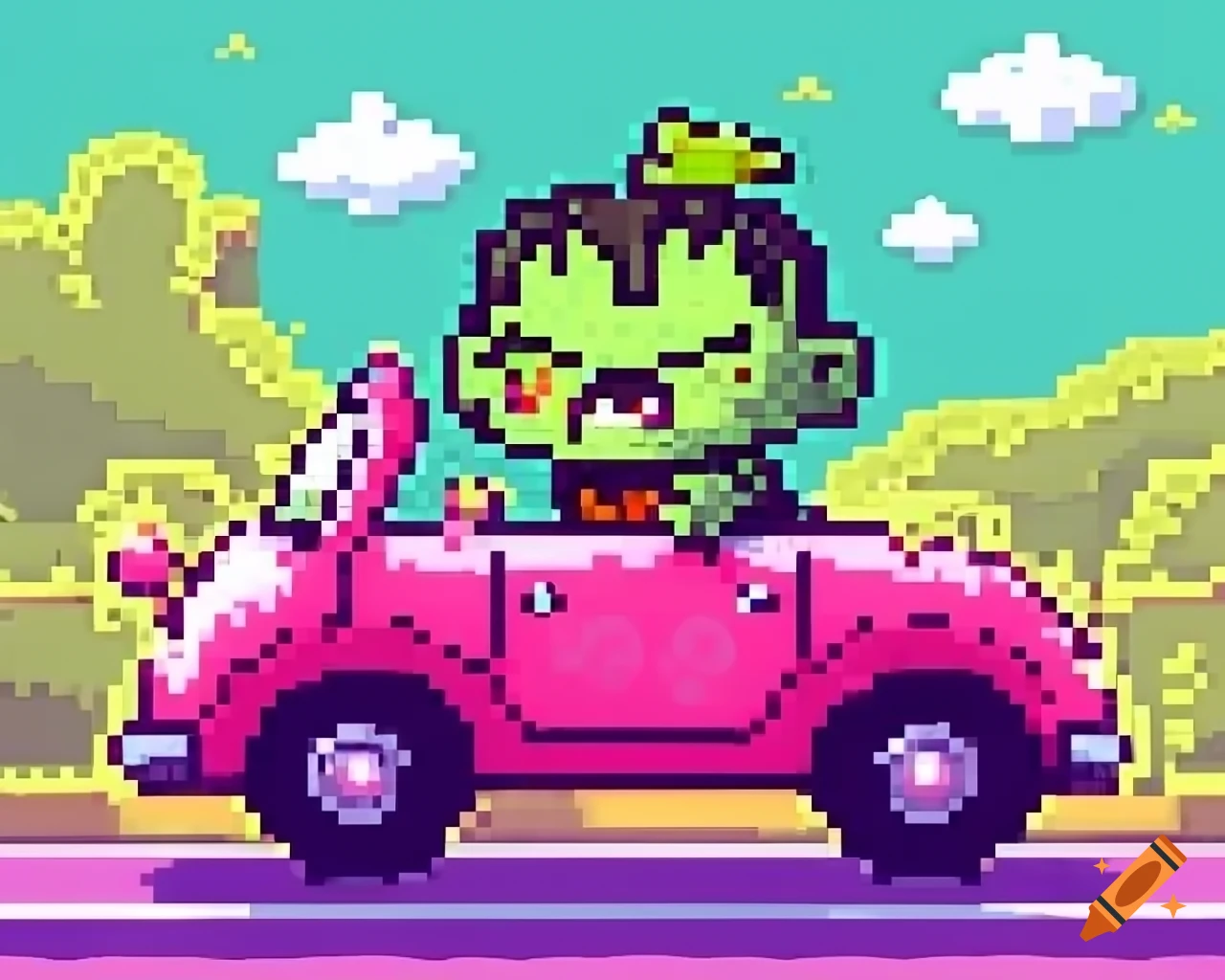 Kawaii pixel art of a zombie driving a pink car