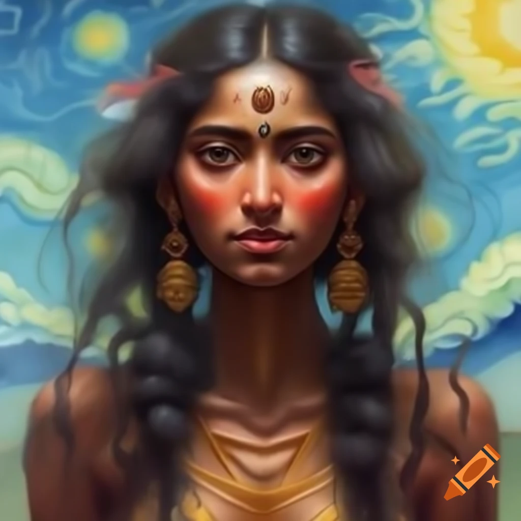 Full-body portrait of Bangladeshi goddess in Van Gogh and Rembrandt style, ultra detailed