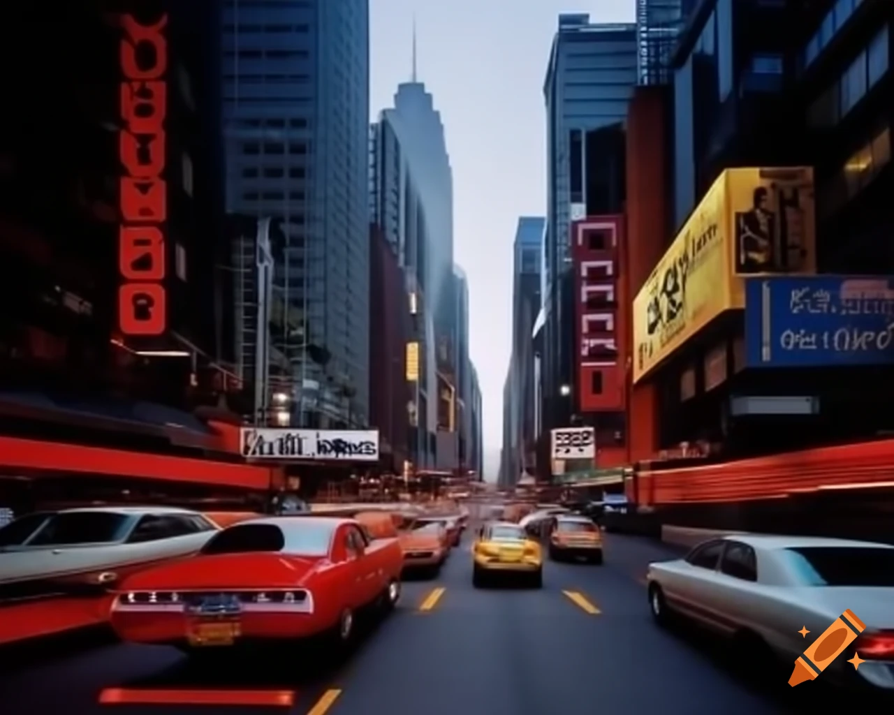 Vibrant cityscape with chrome buildings and flashing signs in electric blues