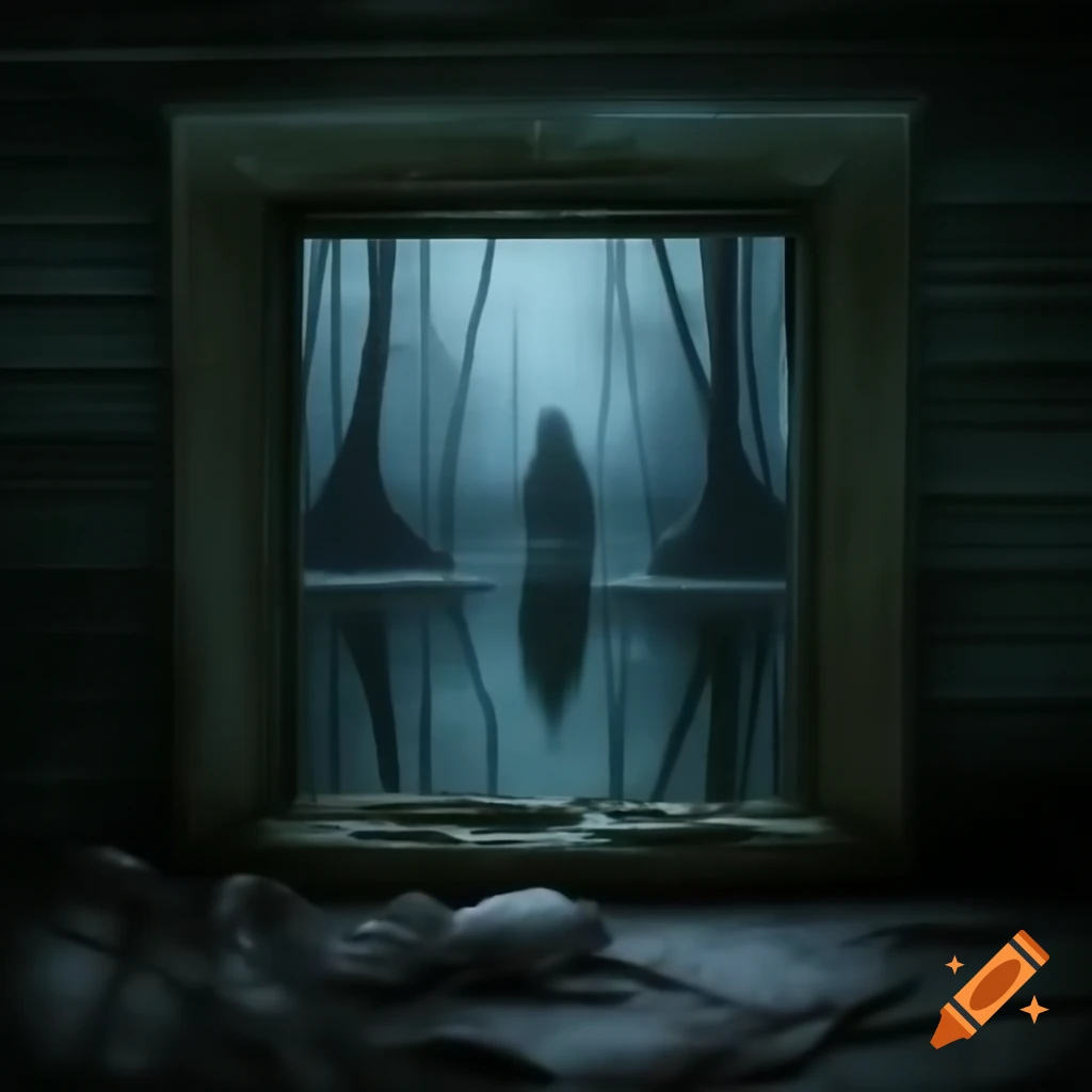 Creepy night swamp scene viewed through old pane window