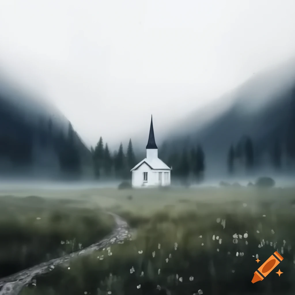 Small Swedish church in misty forest meadow, watercolor style