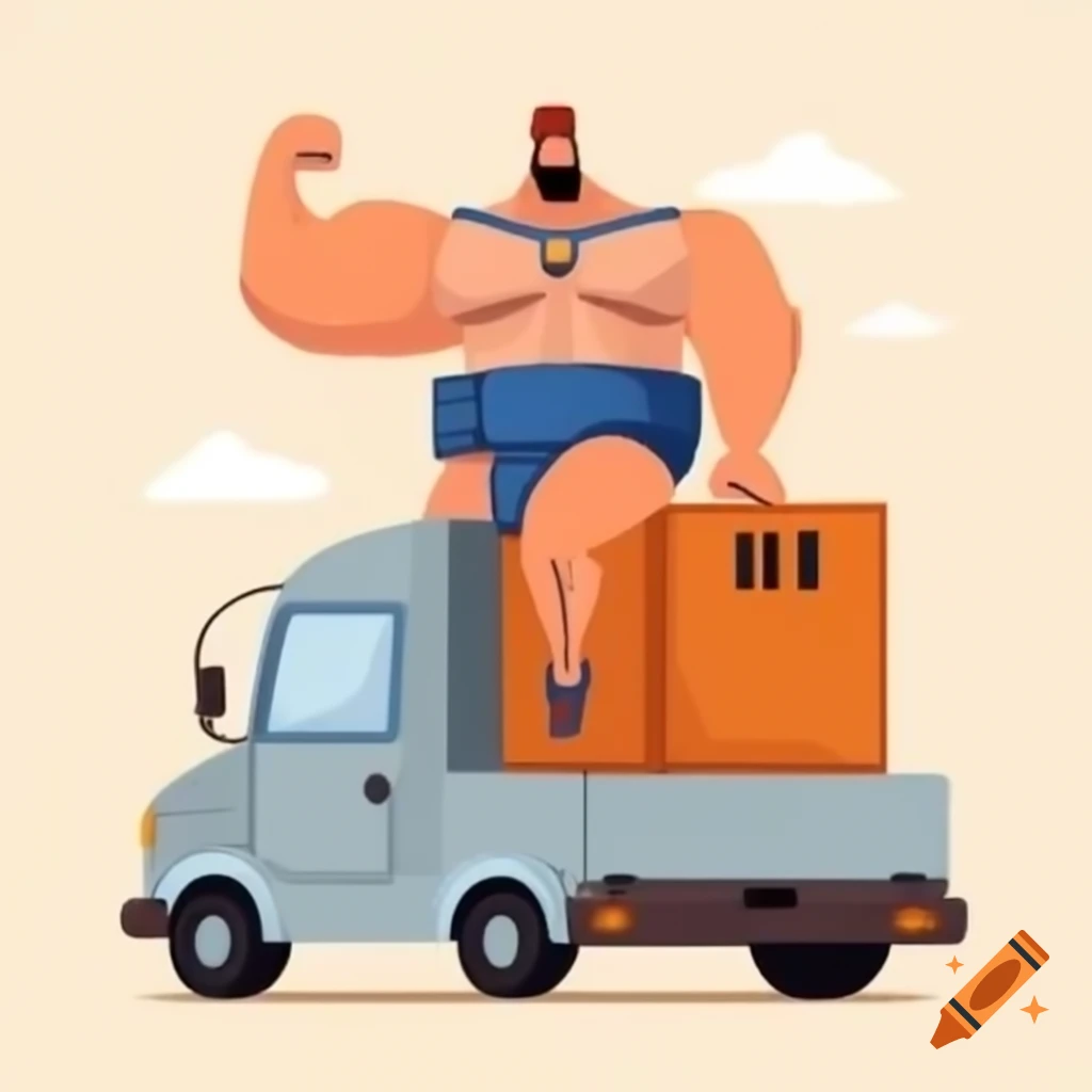 Hercules flexing bicep and lifting crate next to modern box truck