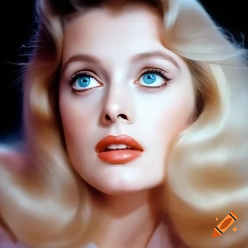 Hyper-realistic color photograph of a charming European actress from 1963 with porcelain skin and blue eyes